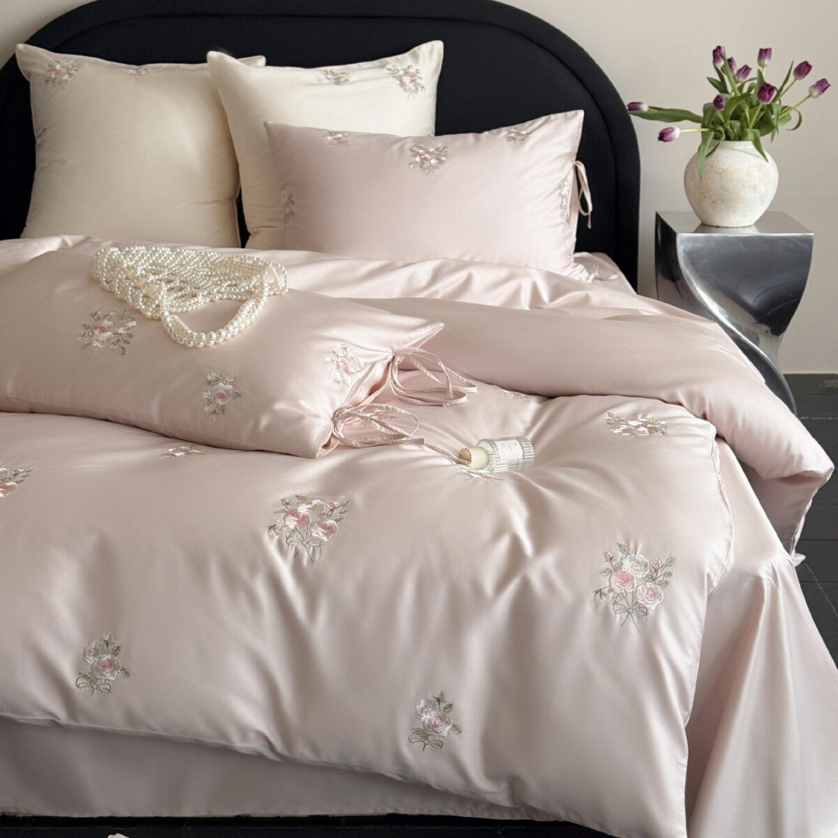 Light Luxury Style Xinjiang Long-Staple Cotton Four-Piece Set with High-Precision Floral Embroider Pure Cotton Splicing Quilt Cover Bedding Green Lemon Color