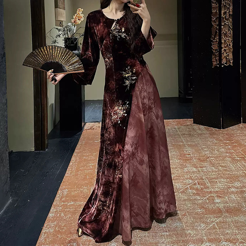 Đầm dài nhung thêu cúc dáng chữ A tay dài thanh lịch — Màu đen đậm, màu xanh hải quân