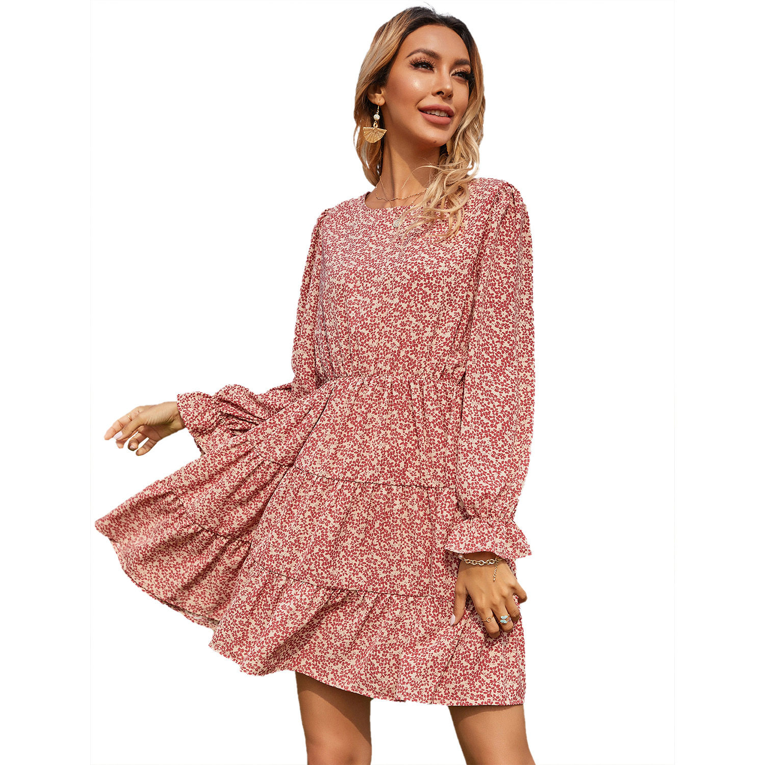 Womens Floral Midi Dress Slim Fit Ruffle Hem Long Sleeve Autumn Winter Fashion Wholesale Available