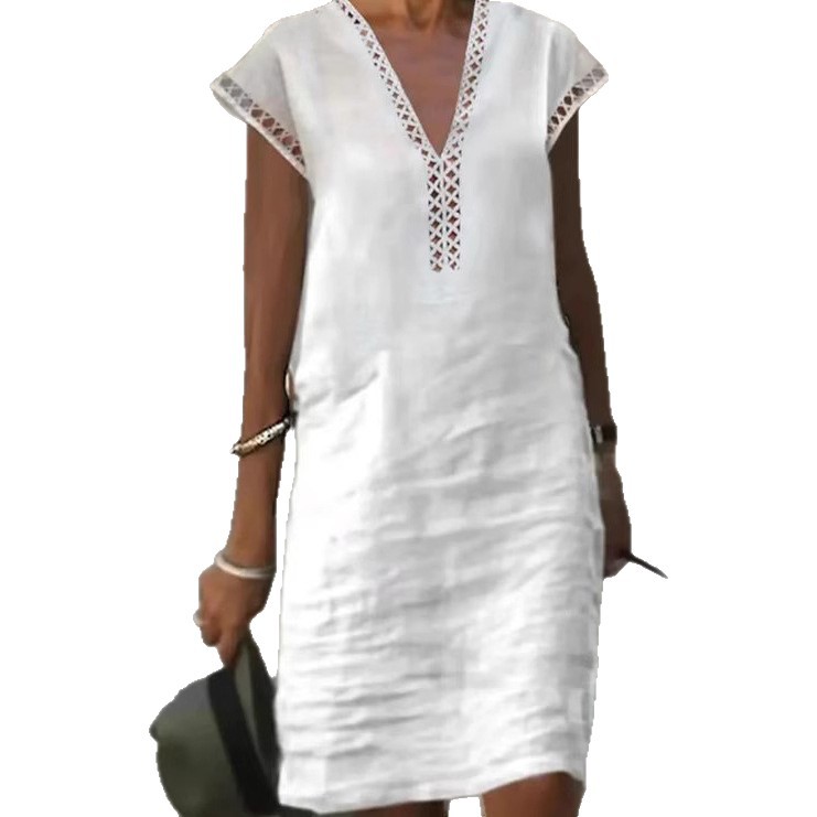 Casual Short Sleeve V Neck Dress Solid Color Hollow Out Design Summer Style Perfect for Everyday Wear Wholesale