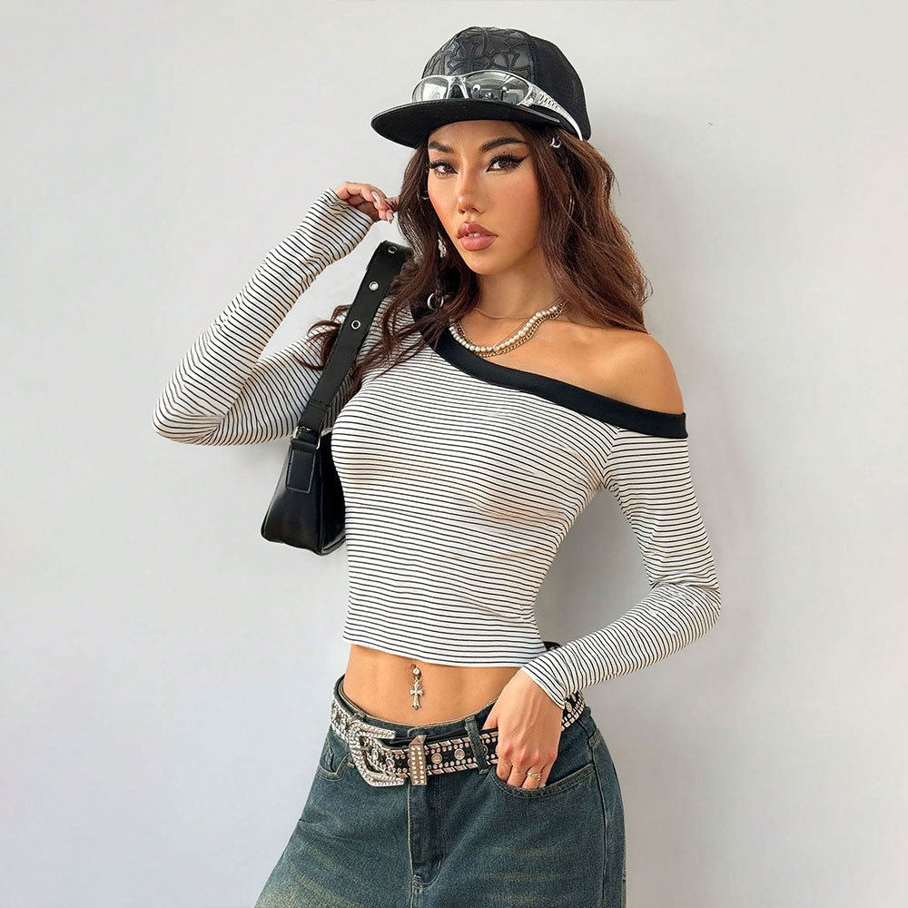 Striped Off Shoulder Long Sleeve T Shirt for Women Slim Fit Sexy Short Length Fall Layering Top Wholesale Available