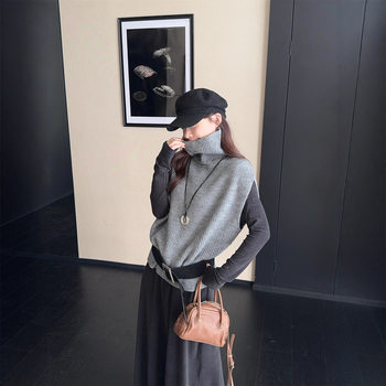 Real Shot ~ Lazy and Versatile High-Neck Knitted Vest + Brushed A-Line Long-Sleeved Slim Dress Two-Piece Suit for Women
