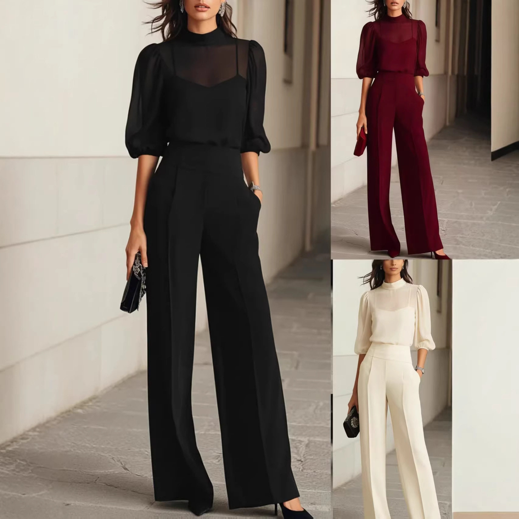 2026 European and American Cross-Border Fashion Set for Women, New Summer Style, Slimming Printed Short-Sleeve Wide-Leg Pants Three-Piece Set