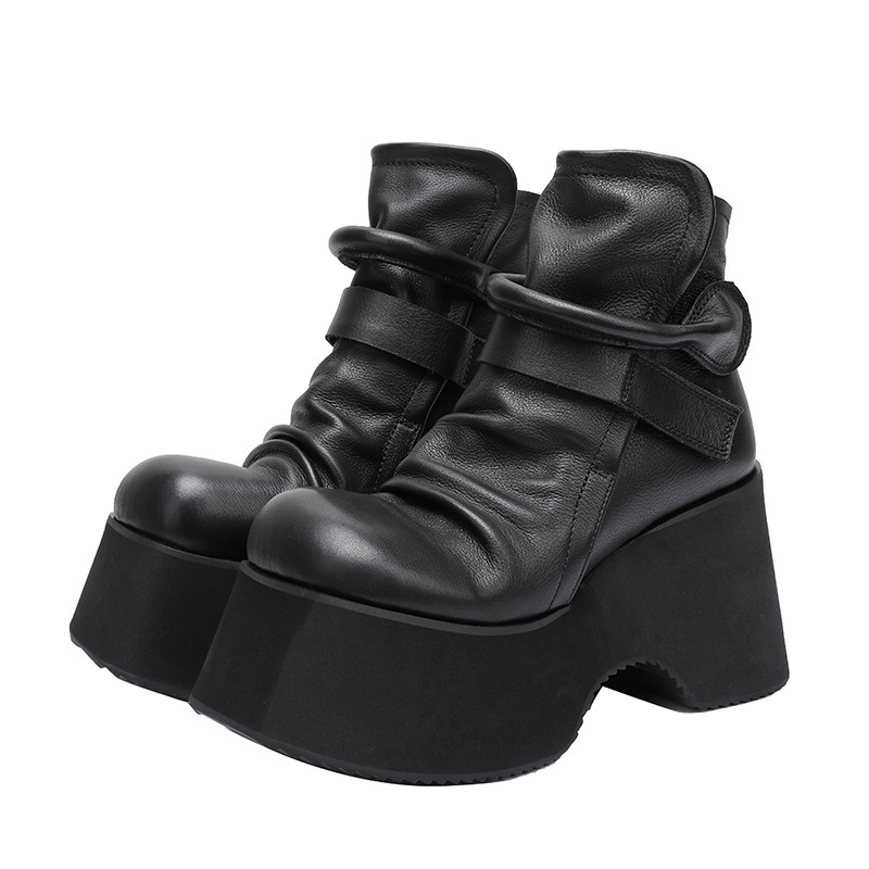 Boot nữ da thật đế dày 10cm gót xuôi mũi tròn dán quai — Màu đen, Màu đen lót nhung, Màu nâu, Màu nâu lót nhung