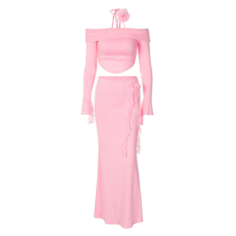 Amazon women's 2025 spring and summer new fashion sexy tube long sleeve top slim skirt suit wholesale