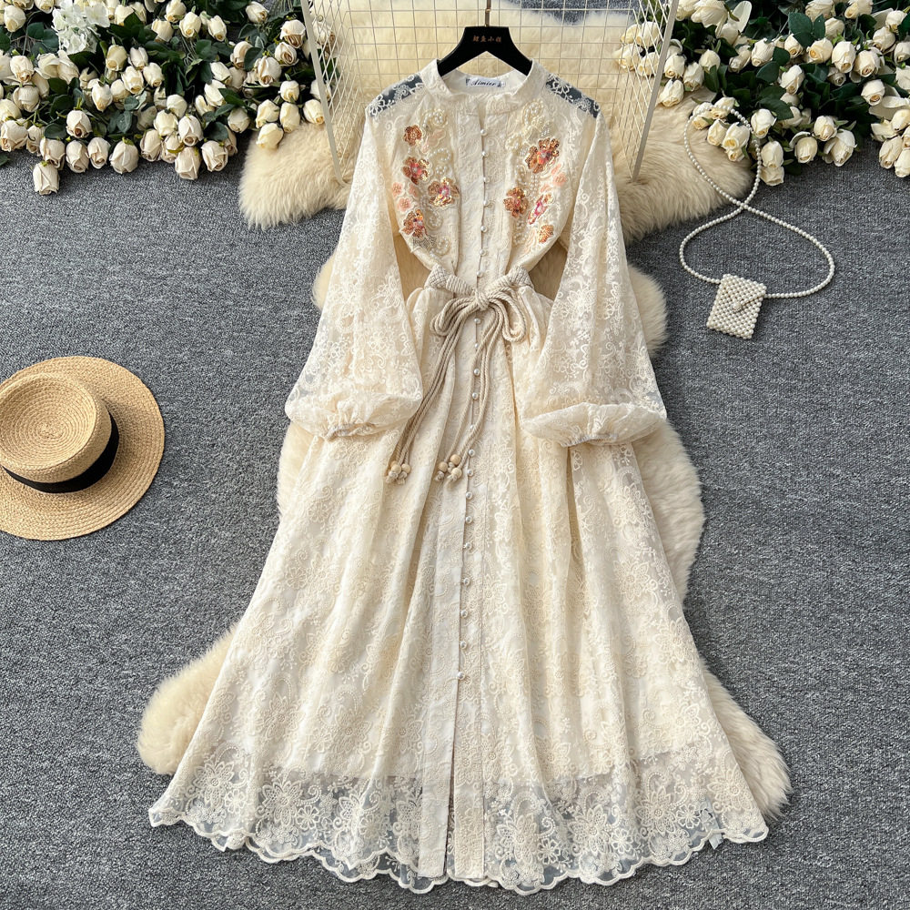 French Vintage Beaded Sequin Embroidered Waist Tie Lantern Sleeve Dress Elegant Long Dress for Autumn Wholesale Available