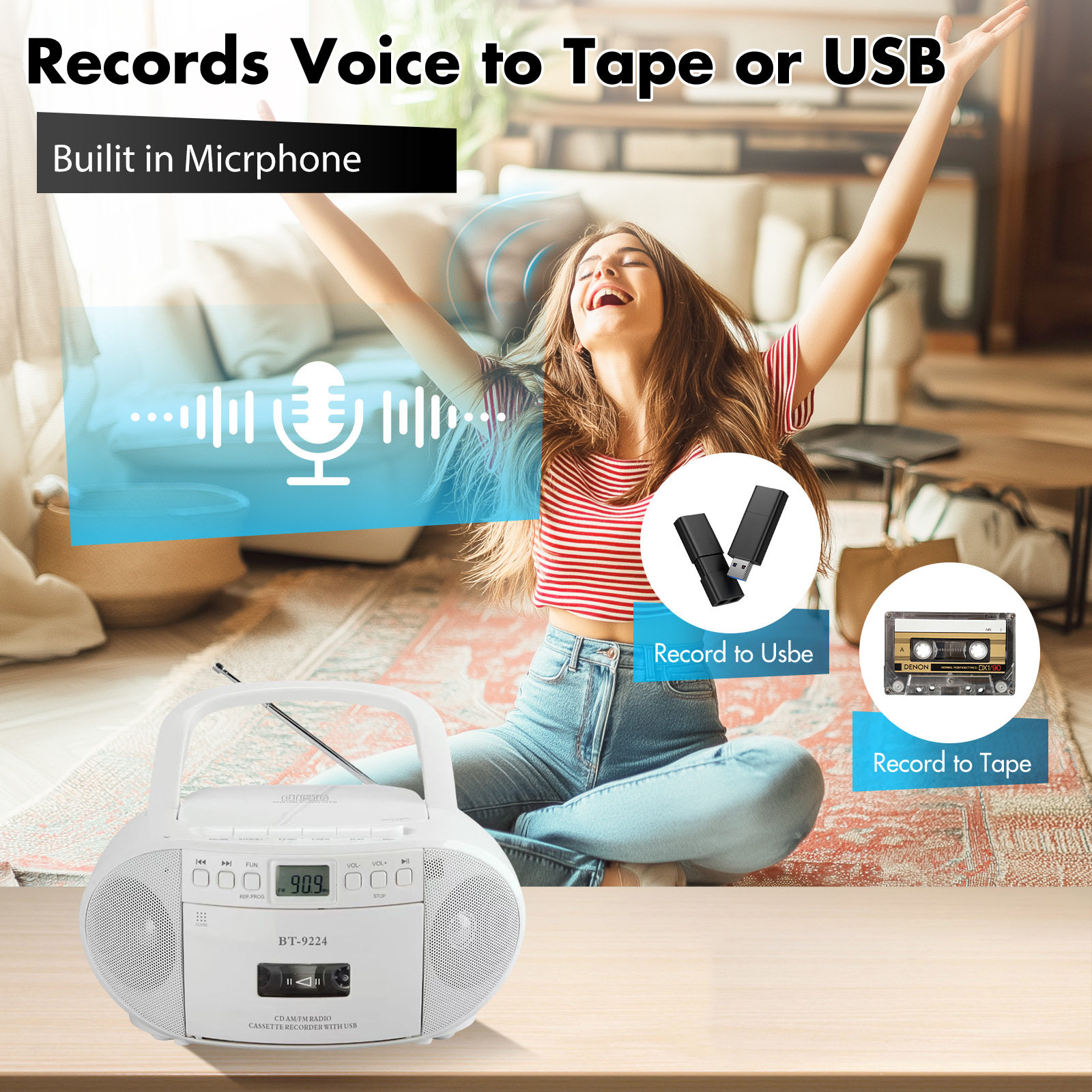 Cross-Border Portable Multi-Function Cd Player Stereo Bluetooth Audio Tape Player Fm Radio USB