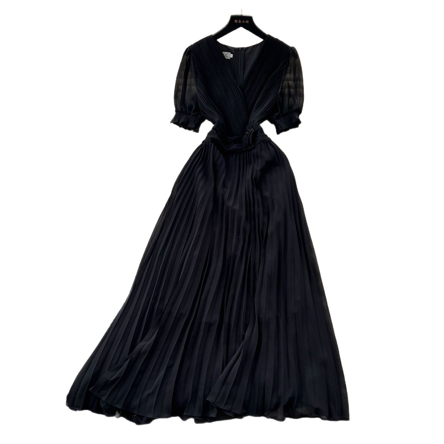 French Elegant V Neck Puff Sleeve Floral Waist Defined Pleated Maxi Dress for Women Summer Slim Fit Wholesale Available