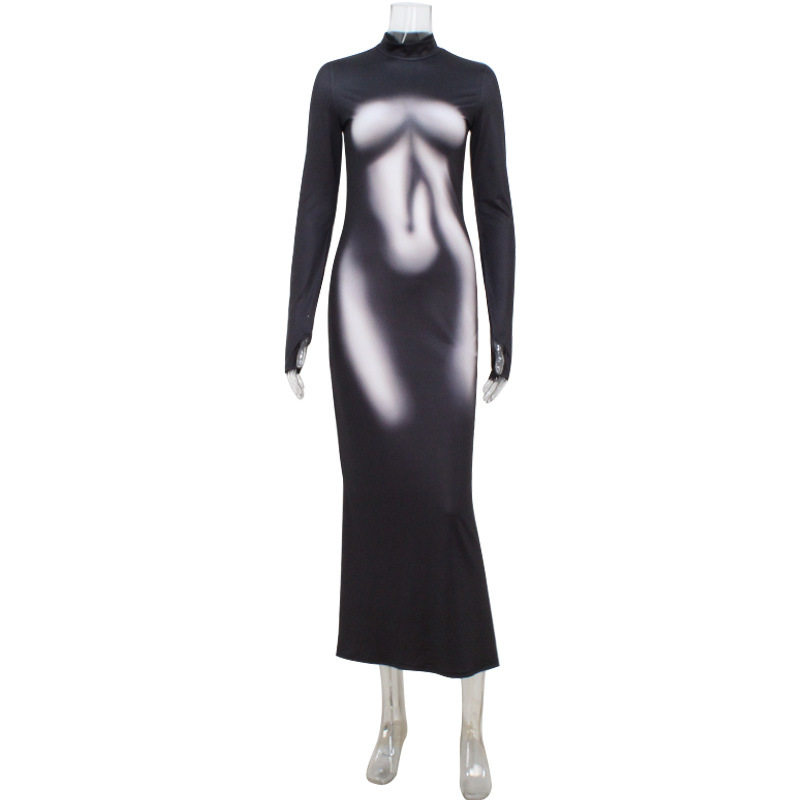3D Printed Long Sleeve Dress Slim Fit Unique Design Comfortable Fabric Perfect for Casual or Formal Occasions OEM