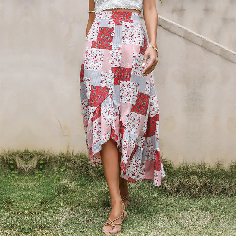 Floral Print Maxi Skirt Loose Fit Asymmetrical Design Comfortable Fabric Casual Wear Summer Style Wholesale
