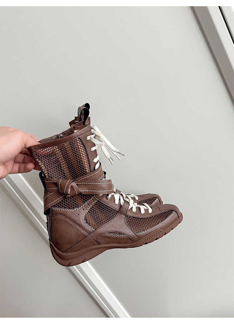 Boot nữ dây buộc phong cách boxing, đế dày, cổ thấp, khóa kéo bên hông — màu đen, Màu lạc đà, Màu nâu