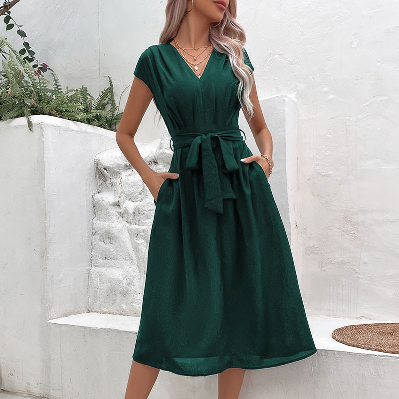 Elegant Black V Neck Dress Minimalist Style Versatile Fit Summer Fashion Wholesale Available