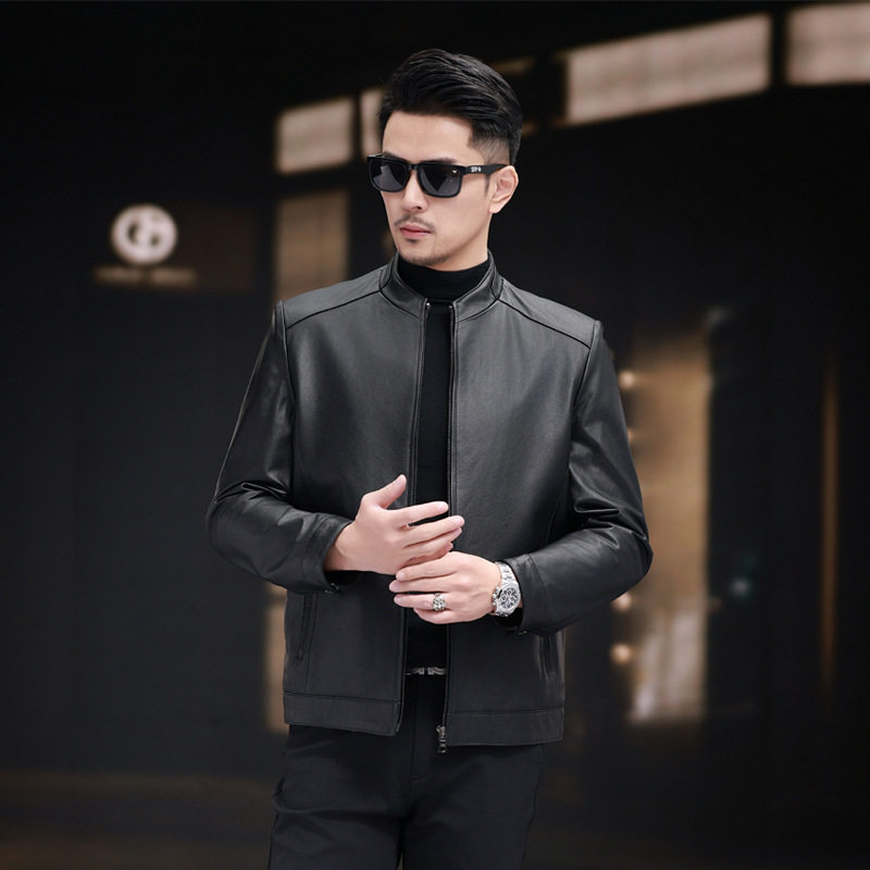 Áo Khoác Da Bò Nam Cao Cấp Dáng Đứng Cổ Trụ Phong Cách Doanh Nhân Màu Đen
