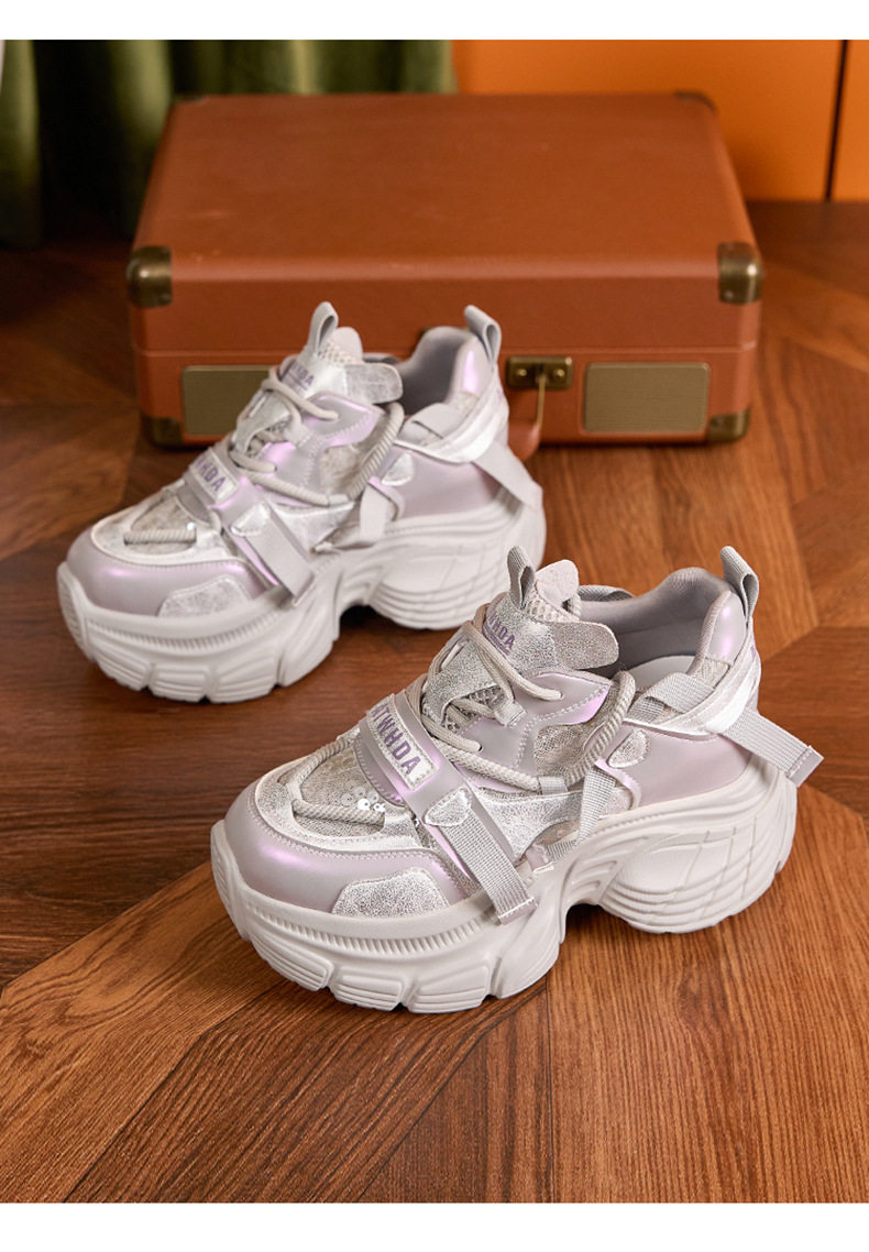 Giày sneaker nữ chunky đế dày lưới thoáng khí gót siêu cao 8 cm — Len tinh khiết, Bạc, Tím chi tiết 16