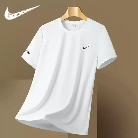 Cross border ice silk T-shirt for men, sports short sleeved, plus size round neck running speed T-shirt, loose half sleeved, summer thin version