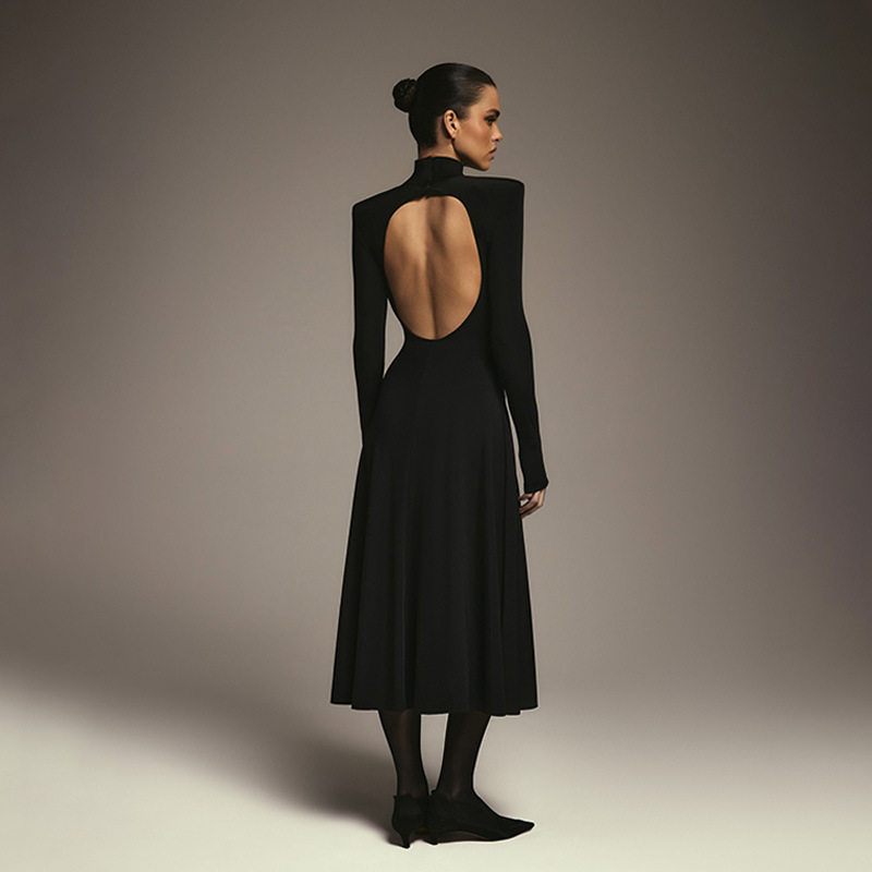 High Neck Long Sleeve A Line Dress Waist Defining Solid Color Elegant Design Autumn Winter Fashion Wholesale