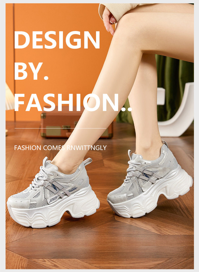 Giày sneaker nữ chunky đế dày lưới thoáng khí mùa hè — Trắng, Xám chi tiết 10