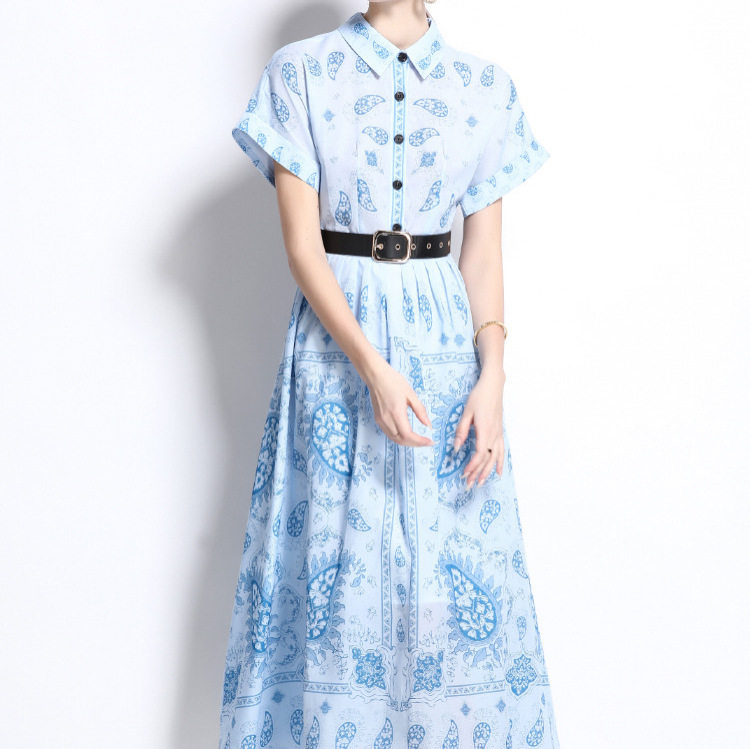Womens Summer Shirt Dress Lapel Collar Belted Slim Fit Short Sleeve Floral Print Vintage Style for Casual