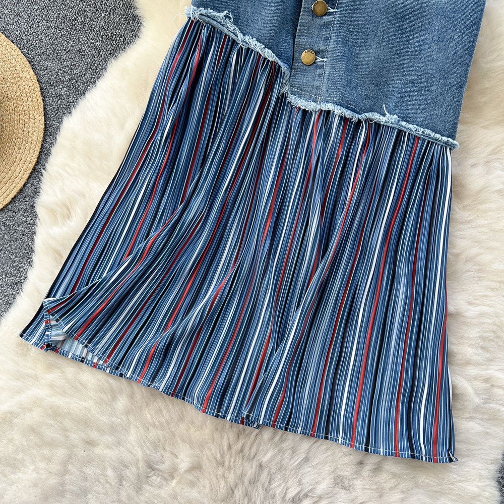 Korean Style Color Block Striped Denim Midi Skirt High Waist A Line Slim Fit Versatile for Work and Casual Wear
