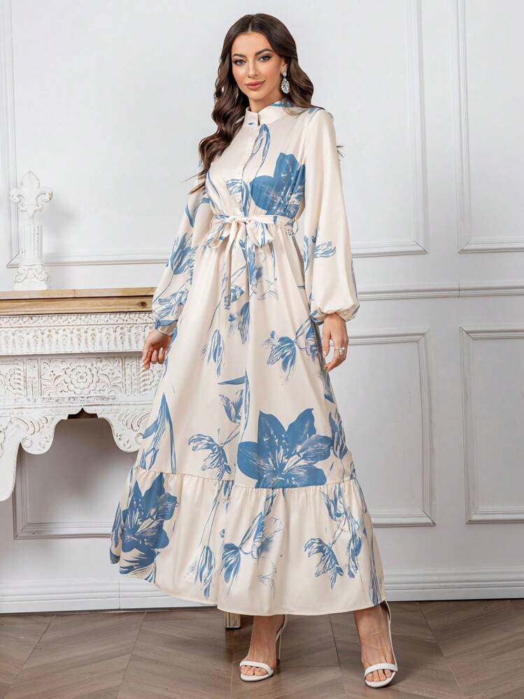 Modelyn Womens Floral Print Stand Collar Lantern Sleeve Ruf