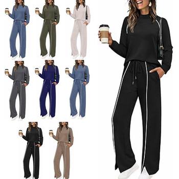 2025 European and American Foreign Trade Cross-Border Amazon Popular Round Neck Long-Sleeved Stretch Pants Leg Slit Casual Sweatshirt Suit for Women