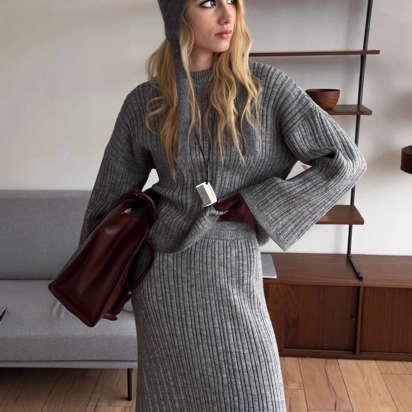 Womens Chunky Knit Sweater Set Solid Color Round Neck Loose Fit Includes Wide Leg Pants and Scarf Autumn Winter