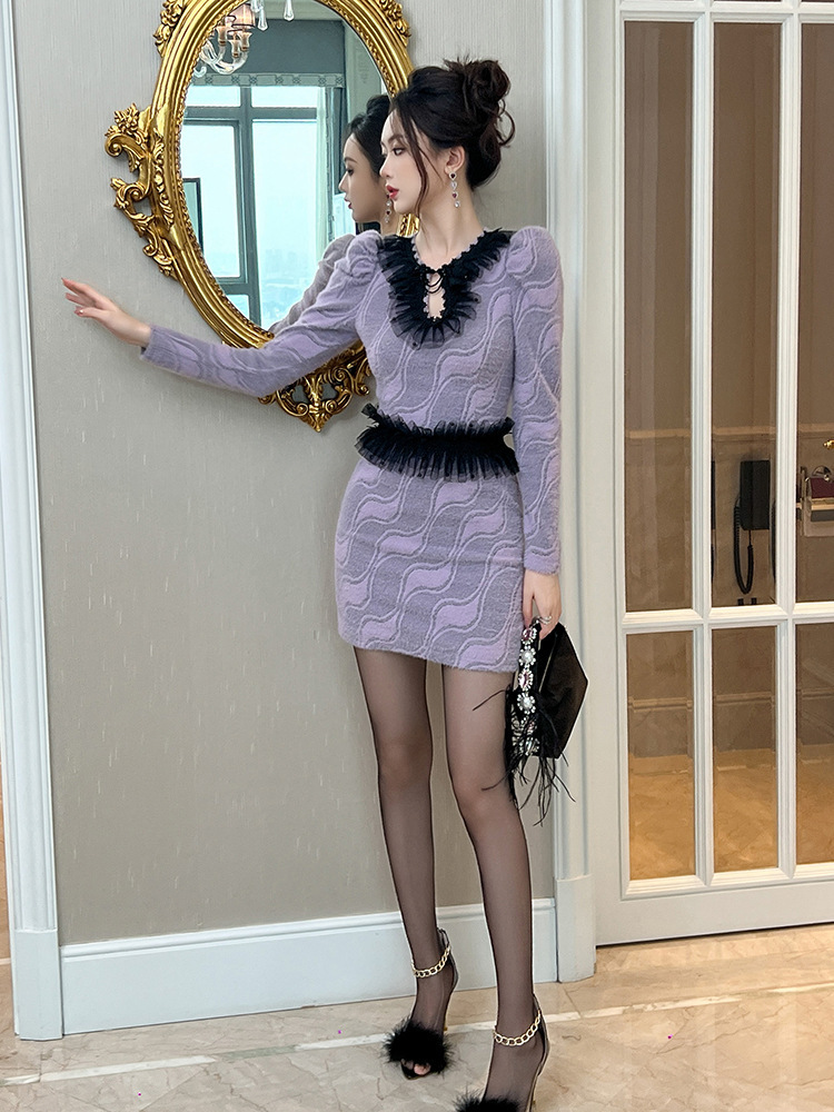 Đầm ren nữ dài tay cổ tròn thắt eo ôm body phong cách thanh lịch — Hoa tulip tím