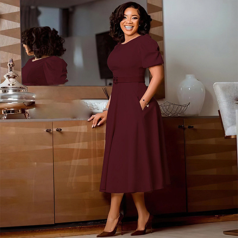 Elegant A Line Dress with Puff Sleeves Round Neck Waist Defined Flowy Skirt Perfect for Parties and Events