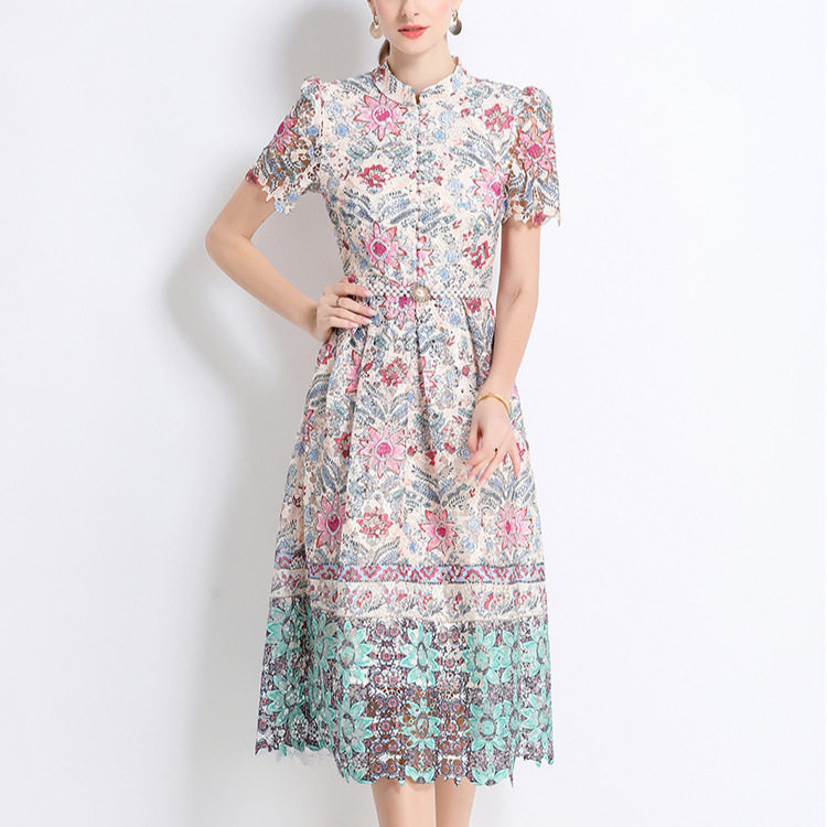 Elegant French Style Womens Dress Summer Collection Intricate Lace Hollow Out Design Button Closure Long Length