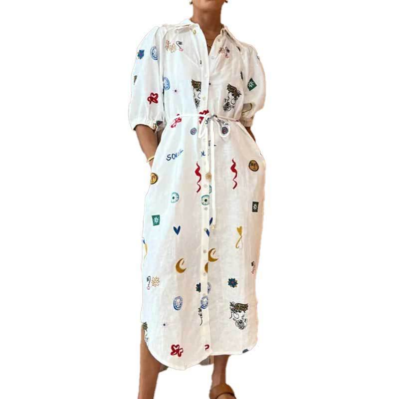 White Printed Lapel Shirt Dress with Tie Spring Collection Womens Fashion Wholesale Available
