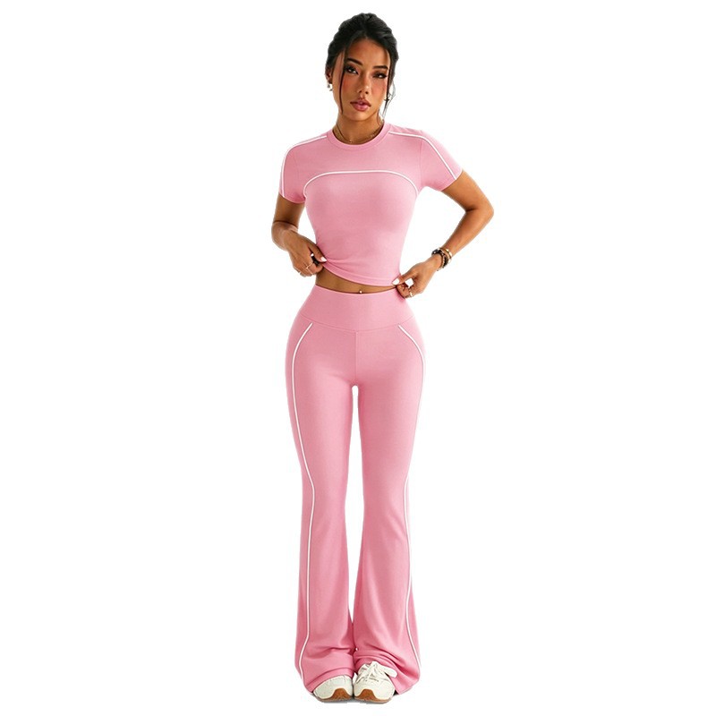 Womens Summer Sports Set Fitted Short Sleeve T Shirt with Round Neck High Waisted Slim Leggings Wholesale Available