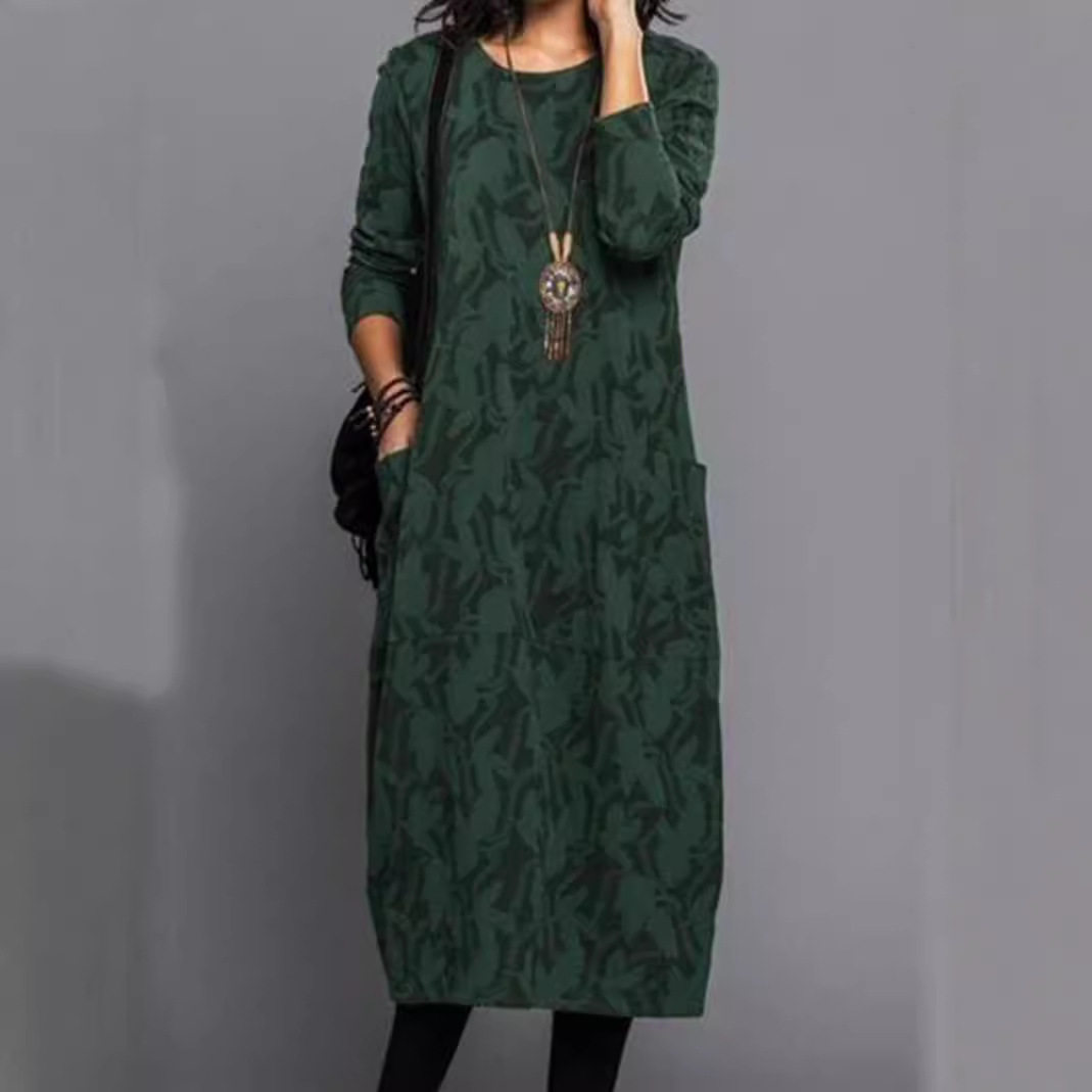 Casual Long Sleeve Pocket Dress for Women Cotton Linen Round Neck Available in Black Green Blue Red Wholesale Sizes S to XXXL
