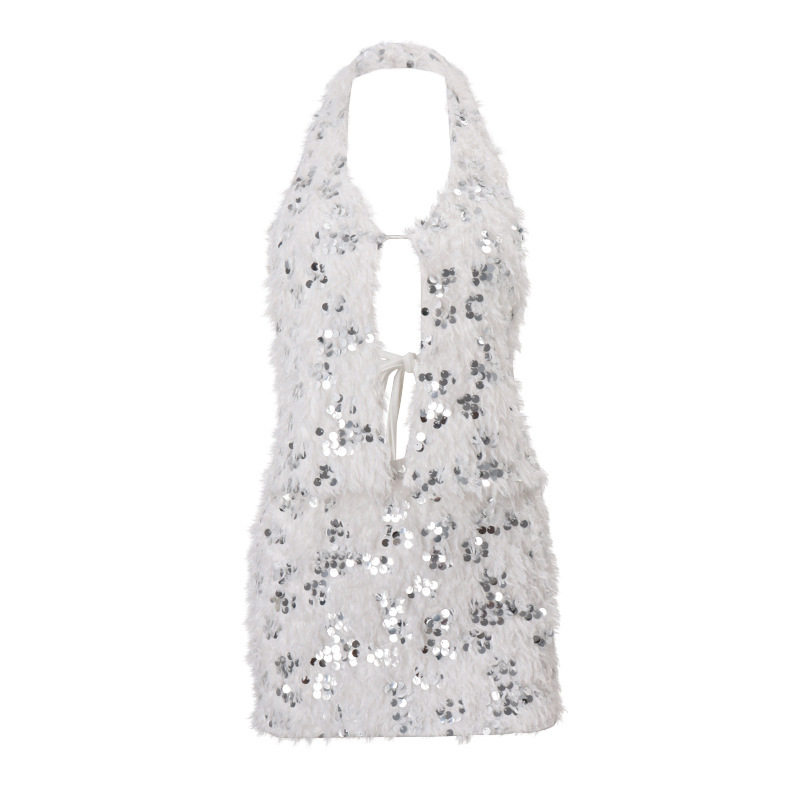 Sequined Plush Halter Top and Bodycon Skirt Set Stylish Sexy Winter Fashion Nightclub Wear Wholesale Available