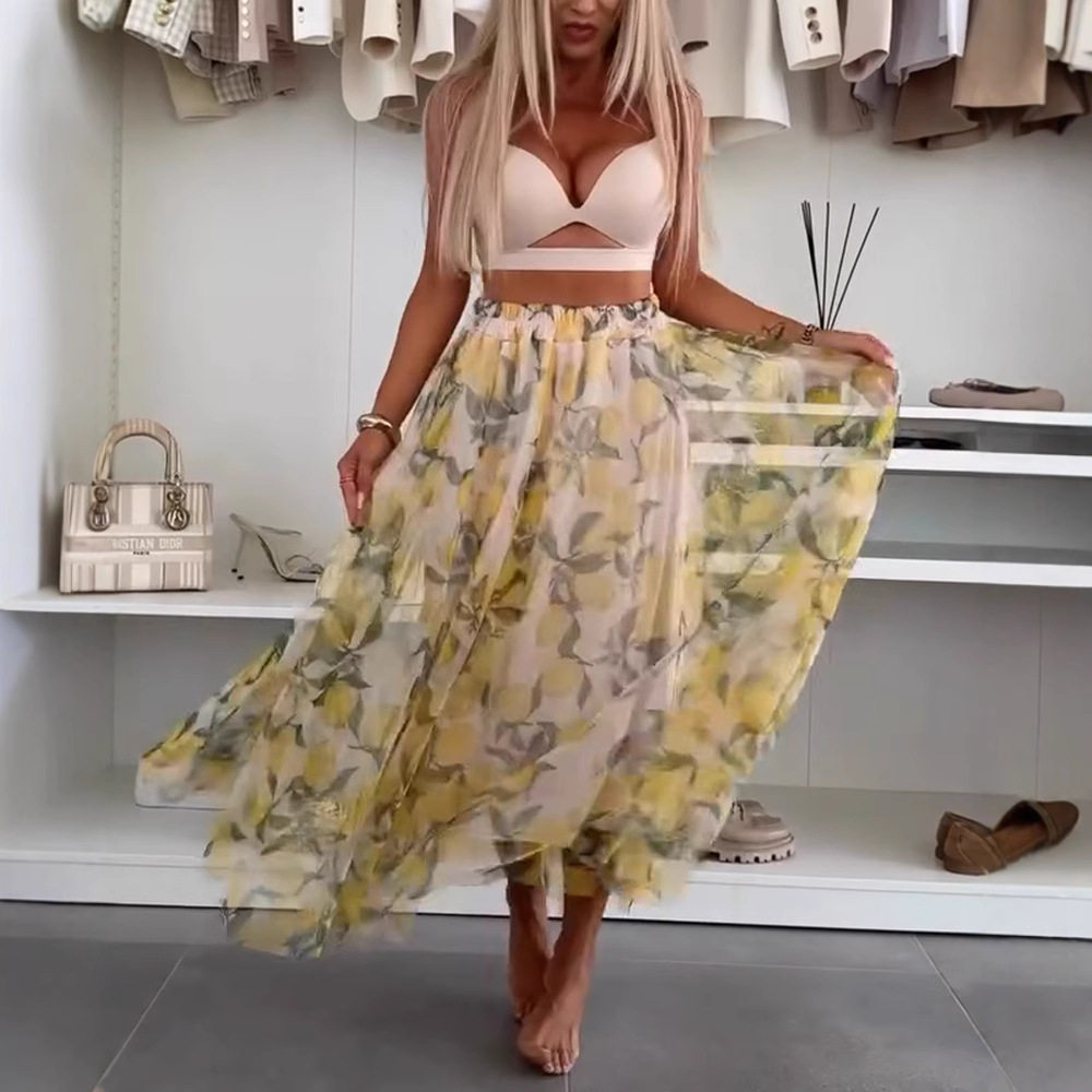 Fashionable High Waisted A Line Mesh Lemon Print Midi Skirt Casual Style for Summer Wholesale Available