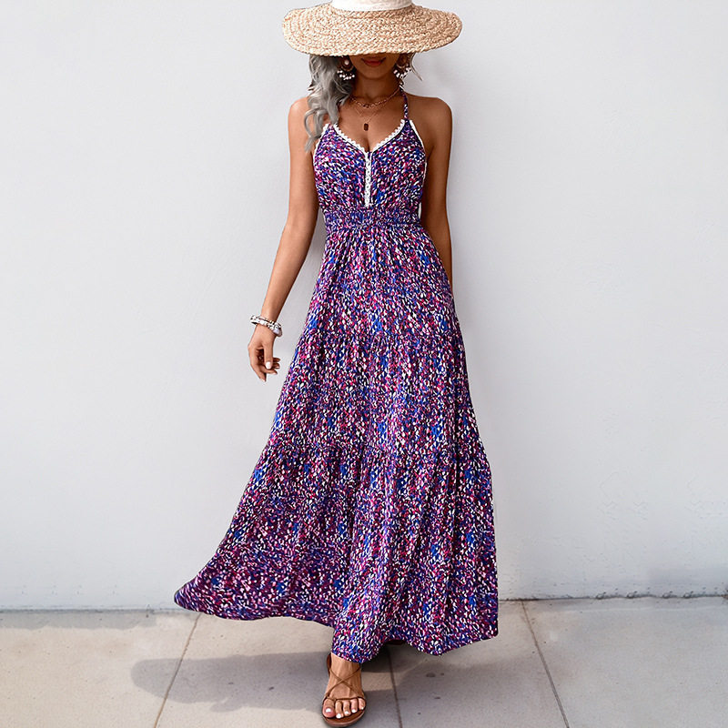 Floral Backless Maxi Dress V Neck Sleeveless Beach Vacation Style Lightweight Summer Fabric Wholesale Available