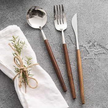 Portuguese Color Wood Steak Knife, Fork and Spoon Three-piece Commercial 304 Stainless Steel Western-style Tableware suit Spoon and Fork