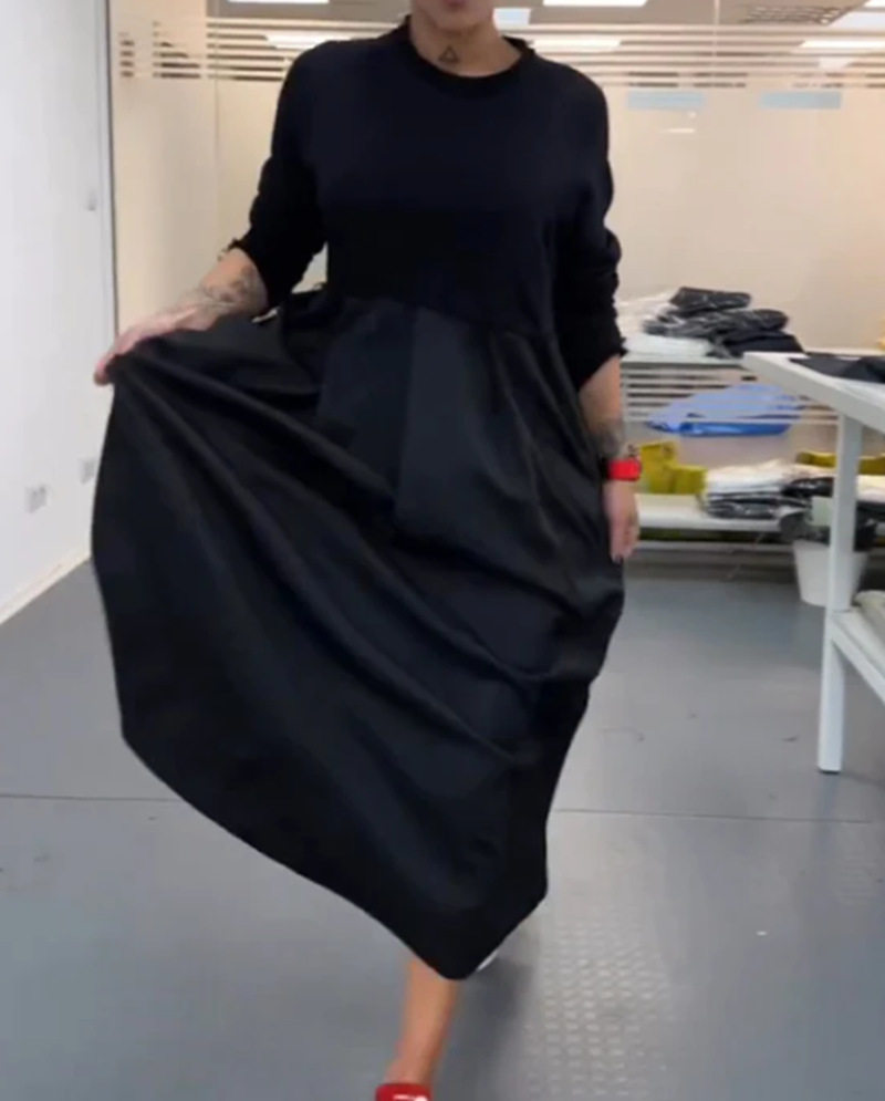 Womens Long Sleeve Solid Color Dress Elegant Fit Round Neck Autumn Winter Style Wholesale Available
