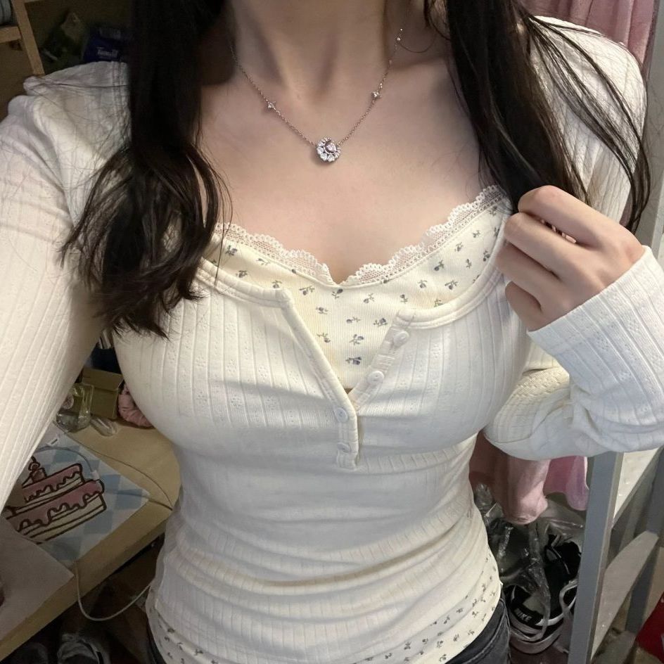 Lace Trim Floral Print Slim Fit Long Sleeve T Shirt for Women Casual Autumn Winter Style