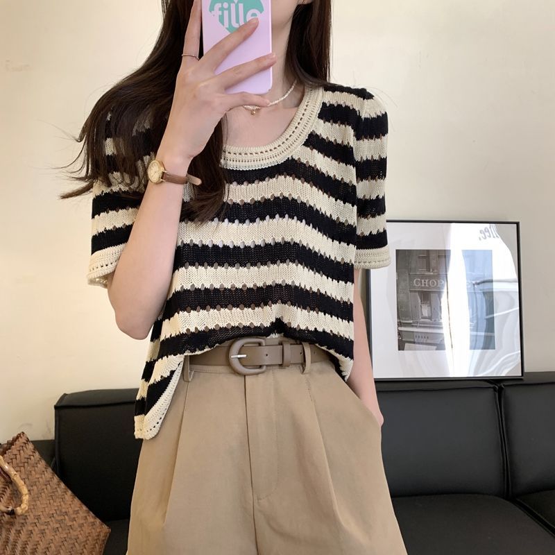 Vintage Striped Short Sleeve T Shirt Womens Summer Knit Top with Hollow Design Casual Wear for Everyday Use OEM