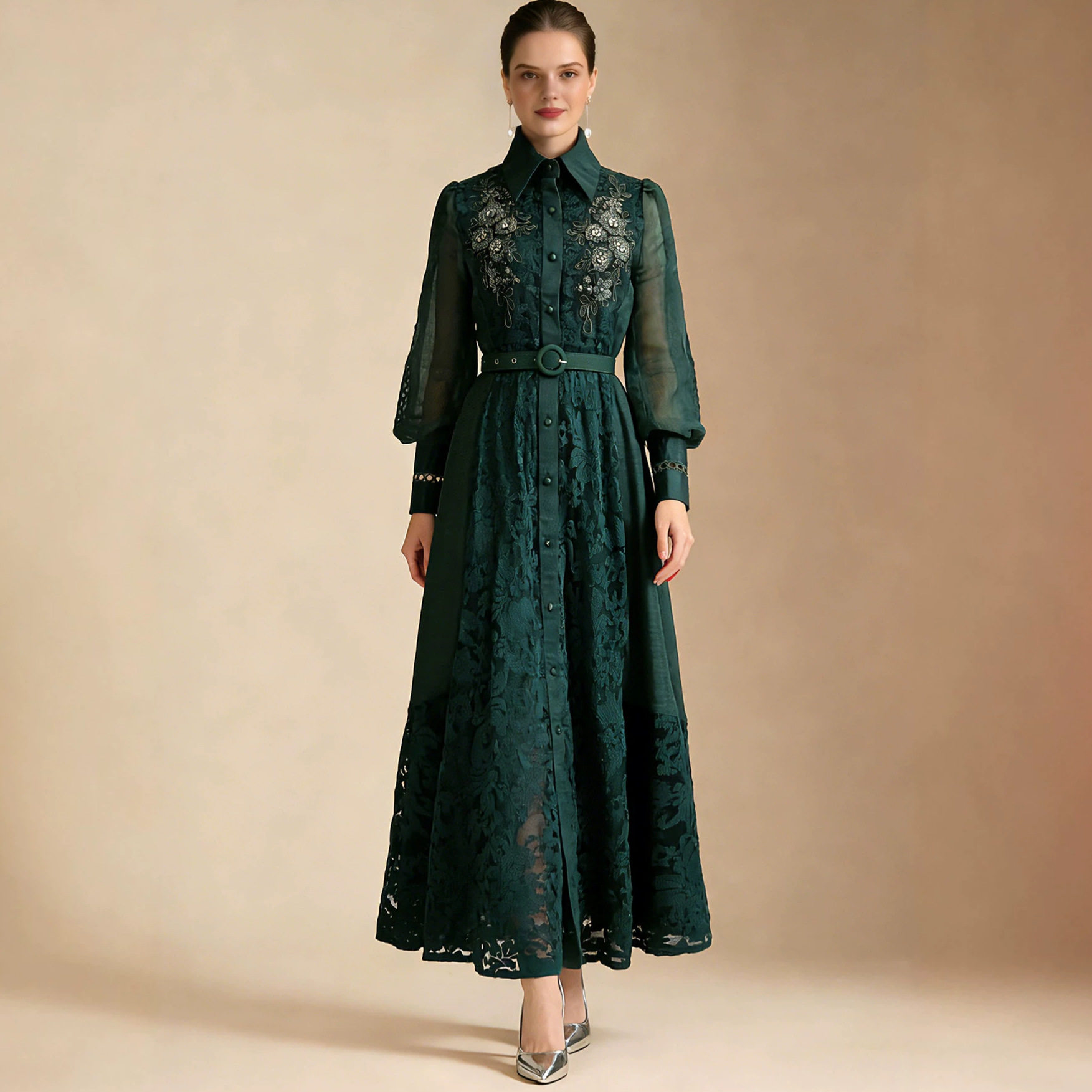 Elegant Long Sleeve Dress with Sequined Mesh Panels Lace Waist Tie Flared Skirt Perfect for Formal Occasions