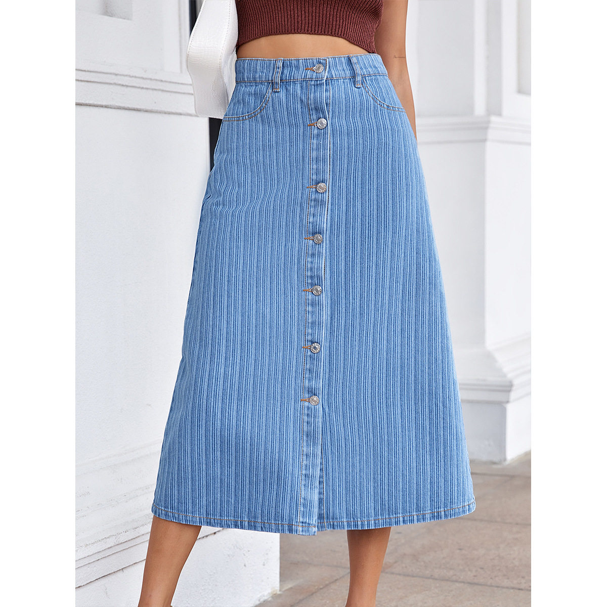High Waisted Denim Skirt Flared A Line Casual Style Versatile Fit Perfect for Everyday Wear Wholesale Available