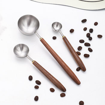 Cross-border 304 stainless steel coffee bean measuring spoon walnut wooden handle food scale spoon fruit powder milk tea powder seasoning spoon