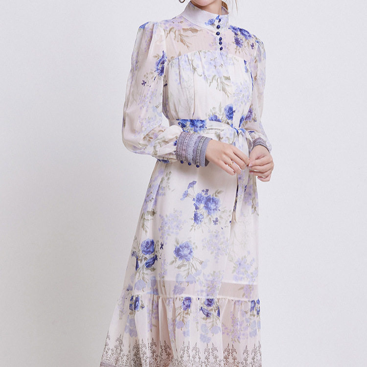 Elegant Womens Long Sleeve Dress High Neck Waist Tie Ruffled Hem Floral Print Perfect for Spring Summer Events