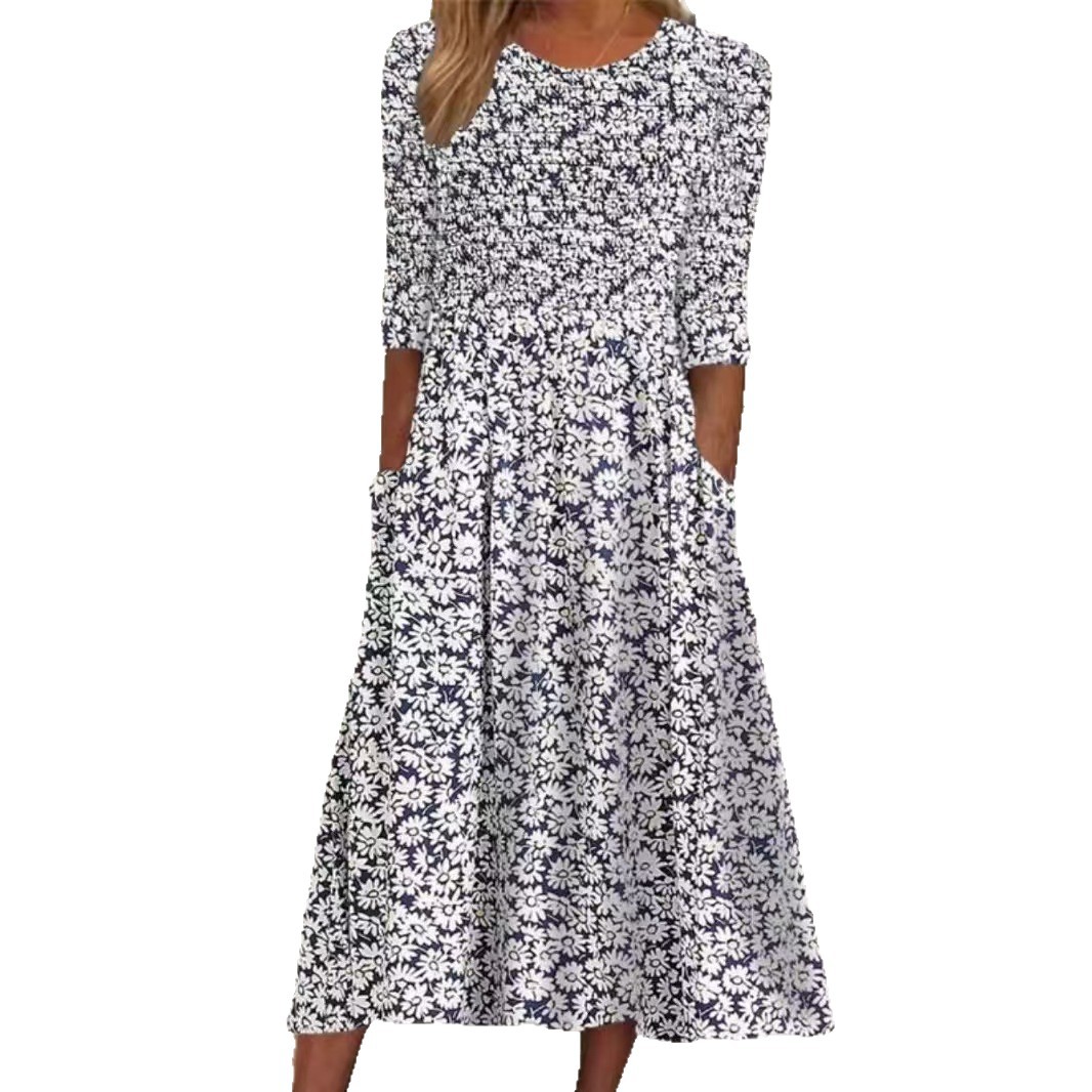 Summer Casual Floral Print Dress for Women Round Neck Pocket Design Stylish Fit Perfect for Everyday Wear Wholesale