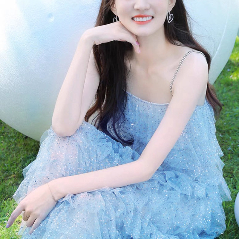 Đầm maxi nữ thắt eo xanh thiên thanh tay loe cổ V — Xanh thiên thanh