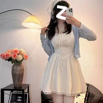 Plus Size mm Sweet Suspender Dress Slimming Look Cardigan Two-Piece Set A-Line Lace Stitching Waist Small Fresh Suit