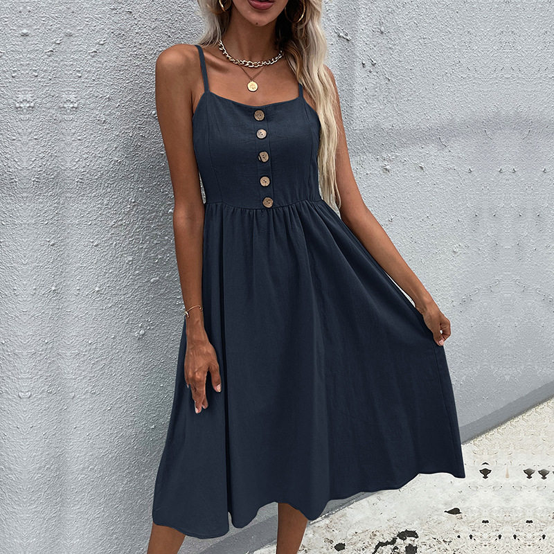 Summer Womens Casual Dress Slim Fit Solid Color Cotton Linen Blend Spaghetti Straps Perfect for Beach or Party