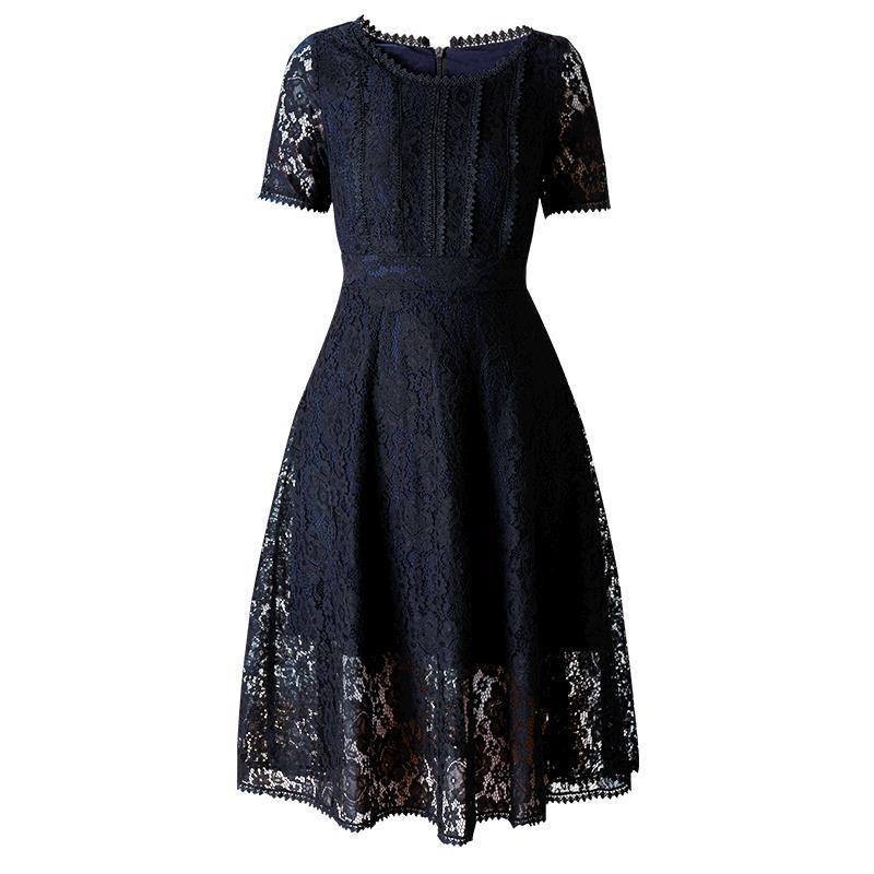 Lace Hollow Out Midi Dress Summer Collection Flattering A Line Silhouette Round Neck Comfortable Fabric Wholesale