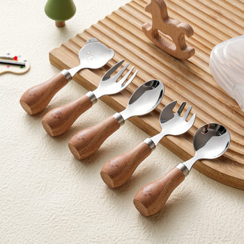 304 Stainless Steel Kidsren's Spoon and Fork Household Baby Tableware Imitation Wooden Handle Kidsren's Feeding Spoon and Fork Eating Spoon Pasta Spoon