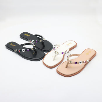 2025 Summer New Square Head Flat Foreign Trade plus size Sandals Simple Women's Shoes with Rhinestones Beach Flip Flops for Women